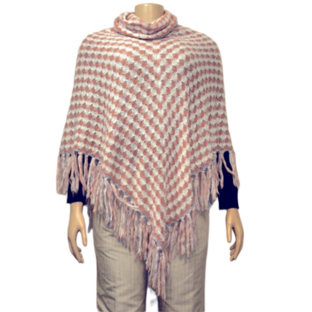 Karma Woman's Poncho Turtleneck loose Knit Fringe hem Ivory Pink blue size OS